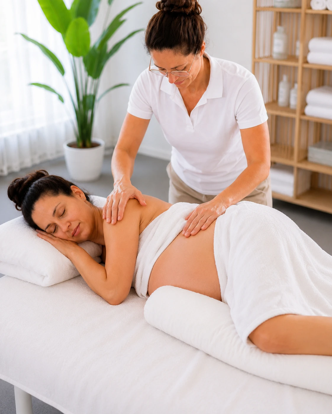 Schwangerschaftsmassage in stützender Seitenlage – Behandlungsraum in Stäfa